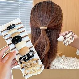 Bold Elastic Rubber Bands, Geometric Chain Rubber Band, Trendy Ponytail Holders, Hair Accessories for Women & Girls, Pack of 9, (Coffee, Black, Beige)-0