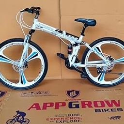 APPGROW Foldable Mountain Bike, 24-inch Wheels, Mag Alloy Frame, Disc Brakes, White and Blue-21