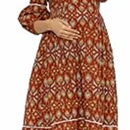 ikk kudi by seerat Women's Cotton Floral Print Maternity Midi Dress/Breastfeeding Dress/Western Dress with Zippers for Nursing Pre and Post Pregnancy | Color- Red-picture-0
