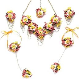 White Pearl Beaded Gota Patti Floral Beaded Haldi & Mehendi Necklace With Earrings, Maang Tikka & Bracelet Jewellery Set For Girls and Women-4