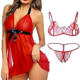 Women's Babydoll Nightwear with Lace Bra Panty Lingerie Set Combo (Free Size, Red)-picture-19
