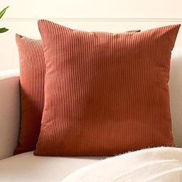 Encasa XO Soft Corduroy Throw Pillow Covers 40x40 cm, Set of 2 Decorative Striped Boho Pillow Cover, Modern Cushion Covers for Farmhouse Home Decor Couch Sofa Bed Living Room, Brick-image-15