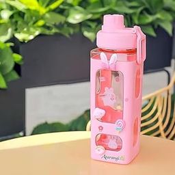 Vinsufy Plastic Kawaii Cute Water Bottle with Straw - 700ml Leakproof BPA-Free Bottle for Girls & Boys, Includes Straw,2D & 3D Stickers - Cute Pink Color School Water Bottle for Girls-image-6