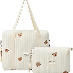 Diaper Bag Tote 2 Piece - Multilayered Fabrics Multifunction Maternity Bag with Quilted Cotton, Cute Bear Design Stroller Storage Bag, Travel Zip Closure Diaper, Small Shoulder Bag, Milk bottle bag,-image-34