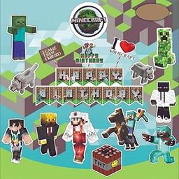 Atpata Funky Miner Gamer Crafting Banner, Cake Topper, Prop Sticks & Poster Cutouts for Mine Theme Gaming Birthday Party Craft Decorations-picture-32