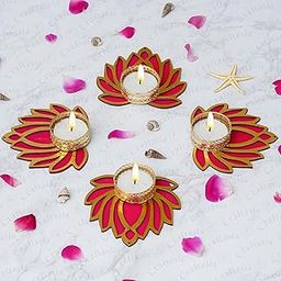 Craftasia Decorative Diwali Tealight Diya | Handmade MDF Lotus Candle Holder With Shell Tealight Rangoli Set for Home Decoration | Laxmi Pooja (4 Lotus)-9
