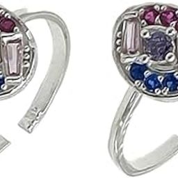 Pure Silver/Chandi Antique Toe Rings/Chutki with Multi Color Cubic Zirconia For Women Free Size Pack in 2 Pieces-0