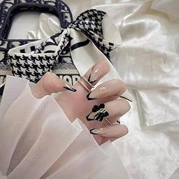 Trendy Set of 24 Artificial Reusable Nails In Black Tips With Bow Design With Glue Black-10