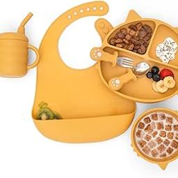 Kids Station 6 Piece Portable Cat Shaped Silicone Baby Feeding Set - Baby Bib, Plate, Fork, Sipper, Spoon and Bowl, Mealtime Essentials, Promotes Baby Self-Feeding for Highchair (Yellow)-21