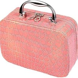 Cosmetic Bag with Steel Handle | Makeup Lipstick Storage Box | Toiletry Box Organizer with Magnifying Compact Makeup Mirror | Steel Handle Leather Cosmetic Bag (Pink)-image-40