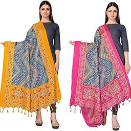Women's Pack of 2 Printed Khadi Cotton Silk Dupatta With Tassels (2.25 Mtr_MultiColour)-72