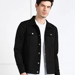 montrez Men Spread Collar Washed Lightweight Casual Denim Jacket (Black)-picture-1