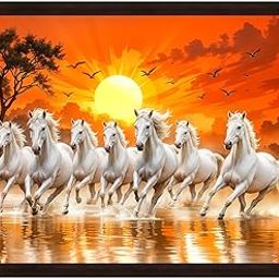 ArtX Paper 7 Horses Vastu Frame Wall Art Painting, White Running Horses On Water Painting Vastu Rising Sun Wall Decor, Multicolor, Nature, 13.0 X 10.0 inch, Set of 1-10