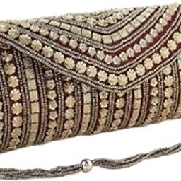 Women's Handcrafted Clutch with Gold Beads on Artificial Silk & Single Sling Chain | Flap Closure | Zip Pocket Inside-image-64