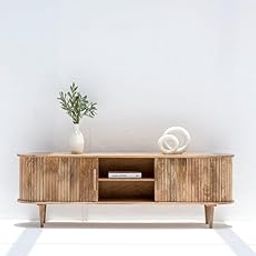 Modern Wooden TV Stand Entertainment Unit – Ribbed Door Design, Natural Wood Finish, Media Console with Open Shelving and Storage Cabinets for Living Room-image-25