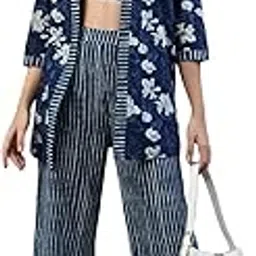 deebaco Women's Indigo Print Cotton Relaxed Fit Bustier, Shrug & Pants Set for Women|Top, Open Front Long Shrug & Elasticat Waist Pants Western Casual Wear Girls Cord Set Outfit for Ladies (Navy Blue)-picture-9