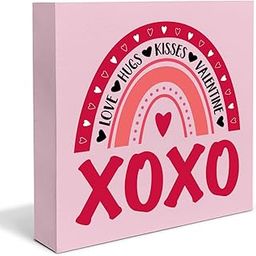 Pink Valentines Decor Romantic Love Hugs Kisses Valentine Wooden Sign Valentines Wood Block Sign Desk Decorations Rustic for Home Bedroom Table Shelf, 5 X 5 Inch-31