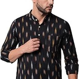 Men Handloom Pure Cotton Ikat Printed Kurta (Black)-image-21
