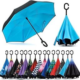 DHARMISON Inverted and Car Reverse Double Layer Inside Out Folding Down Umbrella Windproof with C-Shaped Handle for Women and Men Self Stand Rain Protection (Multicolor)-12