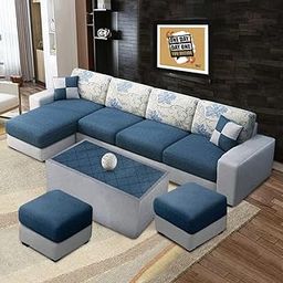 FURNY Orlando Fabric 8 Seater LHS Sectional L Shape Sofa Set with 1 Centre Table & 2 Puffy (Blue-Grey)-picture-12