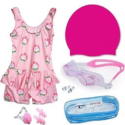 THE MORNING PLAY Girls Swimming Costume for Girls Set with Swimming Cap and Goggles, Multi-Colour, Ages 2-11 Years Swimwear Swimdress-image-37