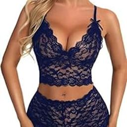Women's Net Design Lingerie Bra and Panty Set for Honeymoon and valantine (B, Navy Blue, L)-image-11