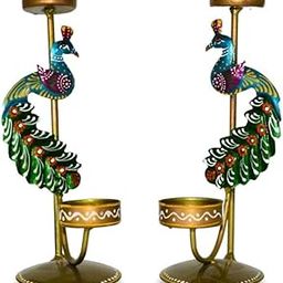 CraftVatika Metal Peacock Candle Holder Set of 2 - Perfect House Decoration Diwali Gifting Items, Handpainted Tealight Candle Holders for Home Christmas Décor (21.5 CM Height)-31
