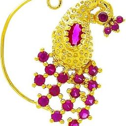 Golden Finish Peacock Inspired Adorable Pressing Nath, Clip On Nose Pin for Women-image-54