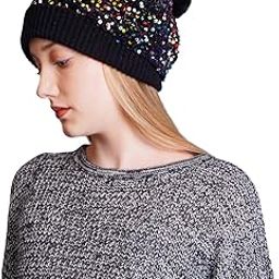 Women Sequin Knitted Beanie Cap with Faux Fur Pom-Pom Shiny Bling Skull Cap Sequin Sparkling Fashion Glitter Elegant Breathable Beanie Hat for Party Occasion Gift Women Girls Lady Black-7