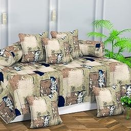 RD TREND® Printed Cotton Diwan Set Pillows 5 with Bolster 2, Bedsheet (152x228 cm), 2 Bolster Covers (40x78 cm), 5 Cushion Covers (40x40 cm). (Beige-Brown)-image-58