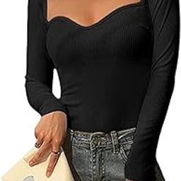 Solid Sweetheart Neck Long Sleeves Regular Fit Casual Ribbed Tops for Women-image-43
