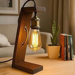 Weekend Hunters Retro Style Table Wooden Lamp with Nickel Holder | Polished Finish | Night Lamp for Bedroom (Long Bulb)-image-1