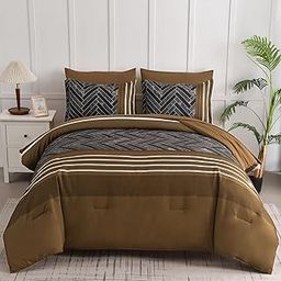 Luxudecor Brown Comforter Set Queen Size, 7 Pieces Stripe Geometric Bed in a Bag, Soft Microfiber Brown Comforter and Sheet Set Complete Bedding Sets for All Seasons 90"×90"-5