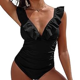Ruffle One Piece Swimsuits for Women V Neck Ruched Monokini Bathing Suits, #1 New Black, XX-Large-image-6