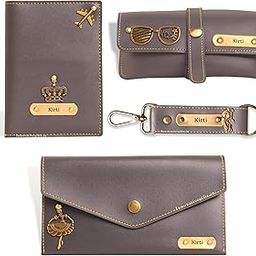 Women's Customized Wallet, Keychain, Sunglass & Passport Cover with Name & Charm I Personalized Vegan Leather Gift Combo Set I for Girlfriend Women Wife Birthday Anniversary (Grey)-image-104