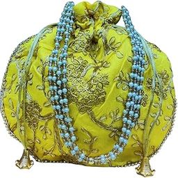 FURRFAB Combo of 2 Handcraft Style clutch silk batwa bag- Yellow And Potali Embroidered Evening Bag with Pearls and Beads, Yellow-image-48