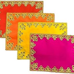 HEMDEV (6 x 8 Inch Embroidered Multicolor Silk Cloth for Pooja and God Idol/Puja Aasan Kapda/Chawki Altar Red Puja Cloth for Mandir, Temple and Other Puja Rituals - Pack of 4-19