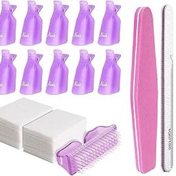 gel nail remover kit with10 Pcs Gel Clip Remover, Dust Brush for Nails, Nail Files 100/180, Nail Buffer, Cuticle Pusher and 100 pcs Lint Free Cotton Pads Nail Wipe Clear-20