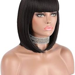 eNilecor Straight Short Hair Bob Wigs 12'' with Flat Bangs Cosplay Synthetic Wigs for Women Natural As Real Hair(Black)-image-76