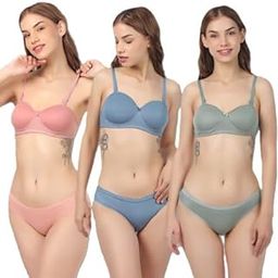 Women Push-Up Light Padded Bra Panty Set Combo of 3-image-95