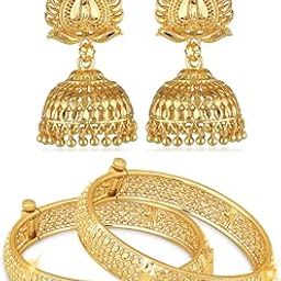 Vivastri s Premium & Unique Alloy Made Gold Plated Shiny KADA Styled Gold Bangles With Golden Alloy Jhumki Earrings Combo Set-VIVA2662ERG-1015BG-2.8-36