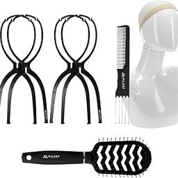 Milano Collection Value Pack: 14" Halo Plastic Wig Stand Hanger with 9 Pack Nude Nylon Wig Caps and Black Brush & Comb Set-27