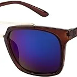 nuvew Mirrored Rectangular Unisex Sunglasses - (Blue Mirror Lens | Brown-Gold Frame | Small Size)-picture-1