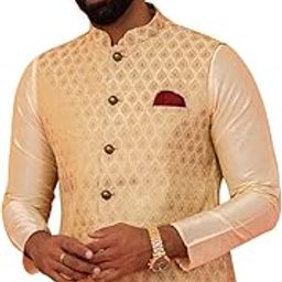 Men Gold-Toned Woven Design Nehru Jacket Ethnic Festive Waistcoat Cotton, Regular Fit-23