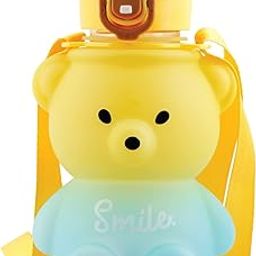 Koochie-Koo Plastic Teddy Bear Water Bottle for Kids, Push Button Water Bottle with Straw, Sipper Bottle for Kids with Adjustable Strap and Stickers, 800ml, Yellow, 3+Years (Pack of 1)-image-2