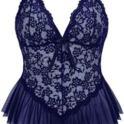 Babydoll Lingerie for Women Lace Bodysuit One Piece Teddy Babydoll Mesh Chemise V Neck Sleepwear with G-String Panty-image-89