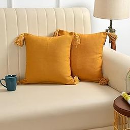 100% Cotton Cushion Covers with Tassels/Decorative Throw Pillow Set of 2 (16x16 inches, Mustard)-image-63