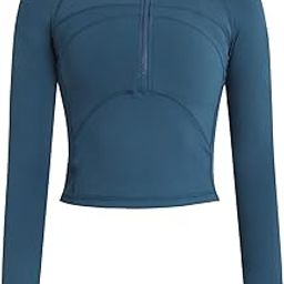 Women's Cropped Workout Jacket 1/2 Zip Pullover Running Athletic Outwear Slim Fit Long Sleeve Yoga Top, Blue-1, Small-image-35