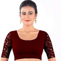 Women's Stretchable Net Sleeves Cotton Lycra Stitched Blouse (Maroon, 34)-picture-32