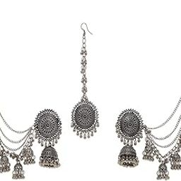 Latest Stylish Oxidised Maang Tikka Bahubali Jhumka Earrings for Women and Girls (12395er)-36